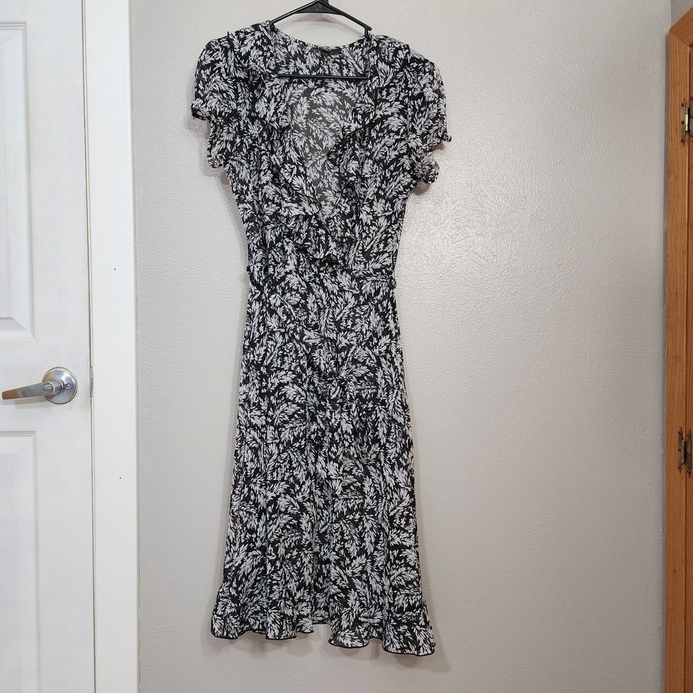 JBS Women's‎ Sheer Black White Floral Midi Dress Ruffle Short Sleeve Size 10